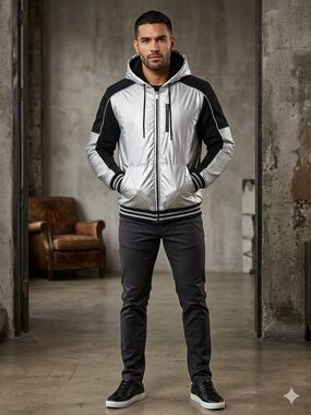 Hooded Metallic Silver and Black Bomber Jacket,  See Photo Measure
